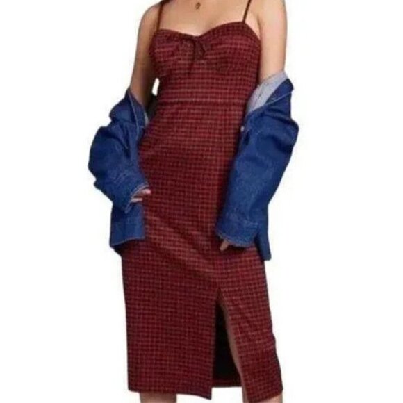 Hutch Anthropologie Red Plaid Bustier Midi Dress 90s Retro Sz Small